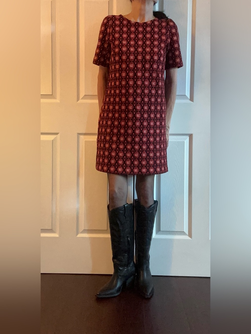 Loft - Black and vibrant red floral shift dress. Relaxed fit just above the knee